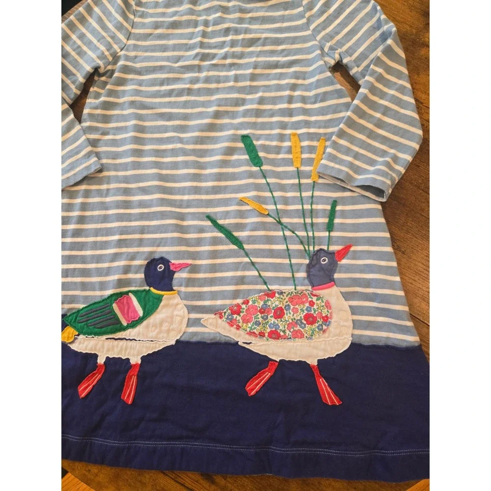 MiniBoden Kids Blue White Striped Duck Applique Long Sleeve Cotton Dress 9-10yrs